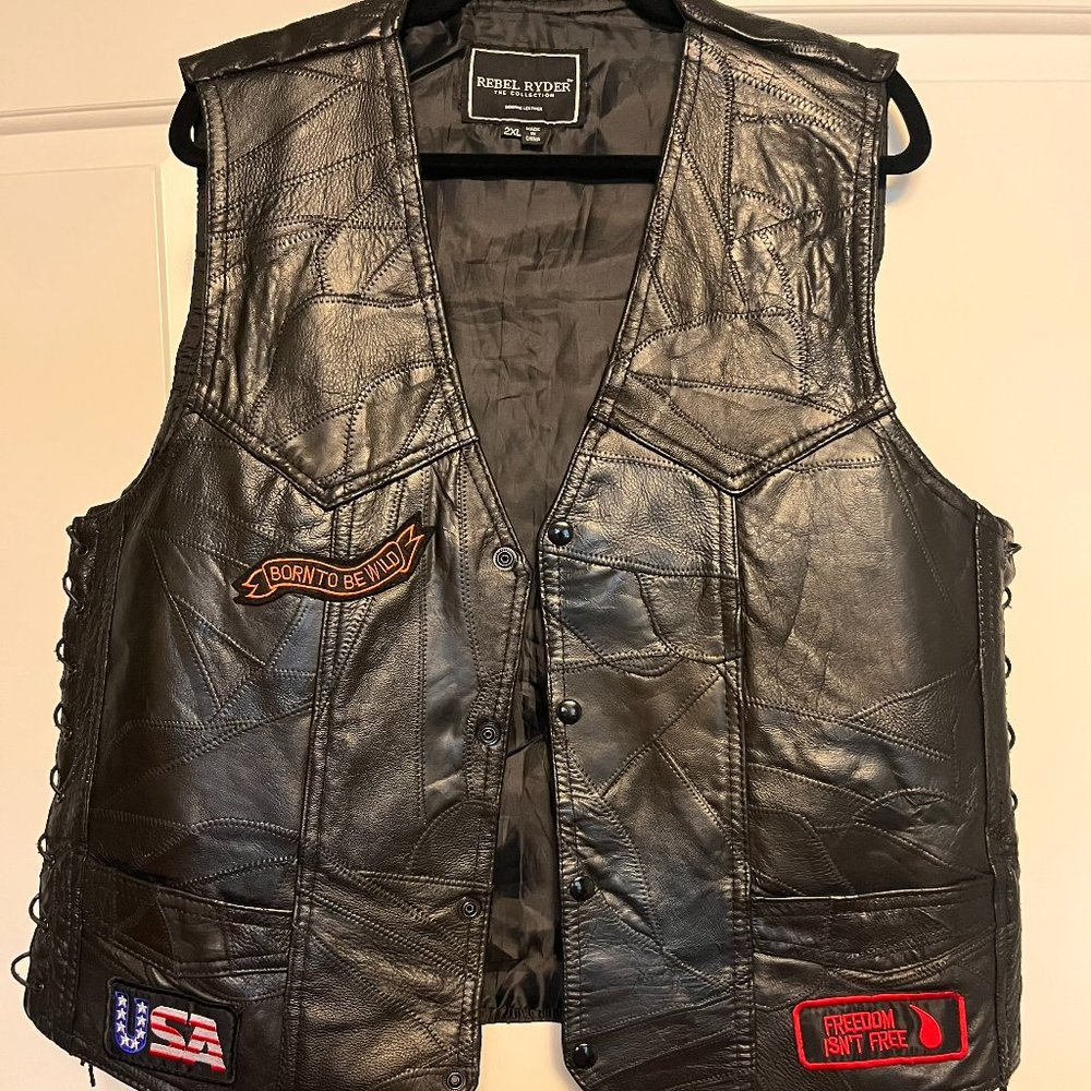 Rebel Ryder Black Leather Biker Vest – “Born to Be Wild” – Unisex XXL